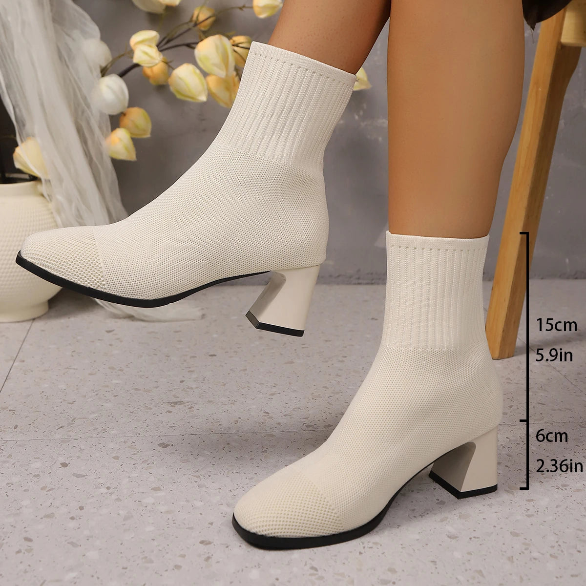 Cream knit sock ankle boots with block heel, with 6 cm heel and 15 cm shaft height measurements