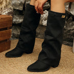Black fold over block heel boots with pointed toe