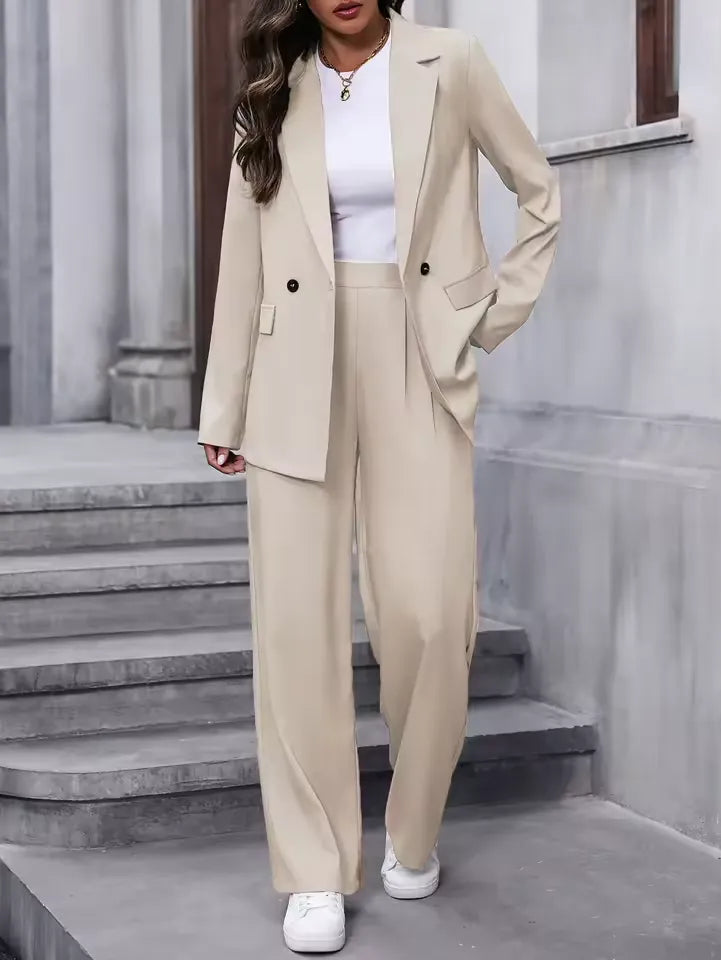 Beige longline blazer and wide leg trousers suit set, front view