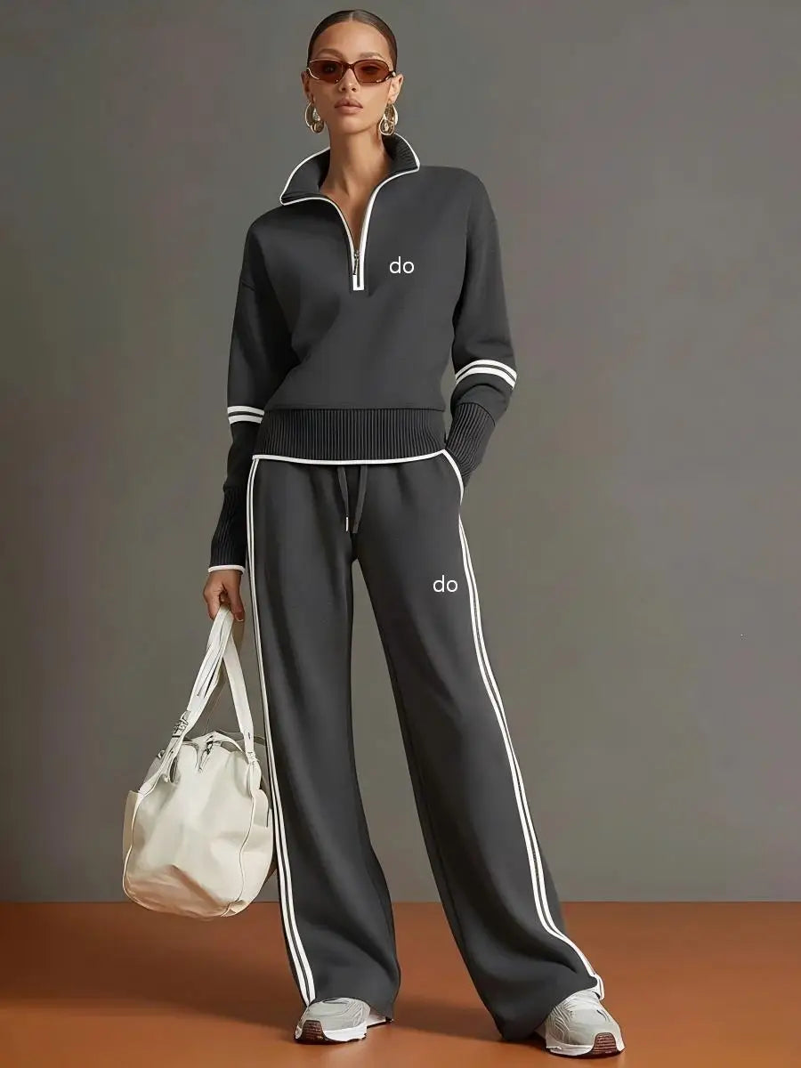 Charcoal half zip contrast stripe sweatshirt and wide leg pants set
