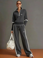 Charcoal half zip contrast stripe sweatshirt and wide leg pants set