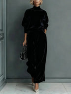 Black velvet-look turtleneck sweatshirt and wide leg pants set