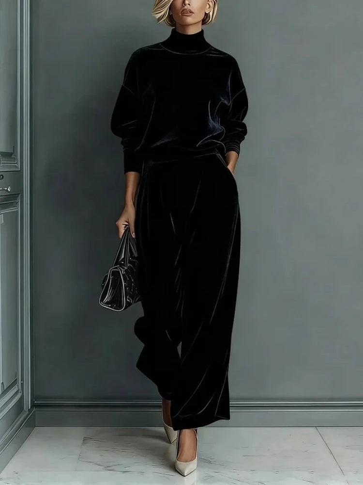 Black velvet-look turtleneck sweatshirt and wide leg pants set