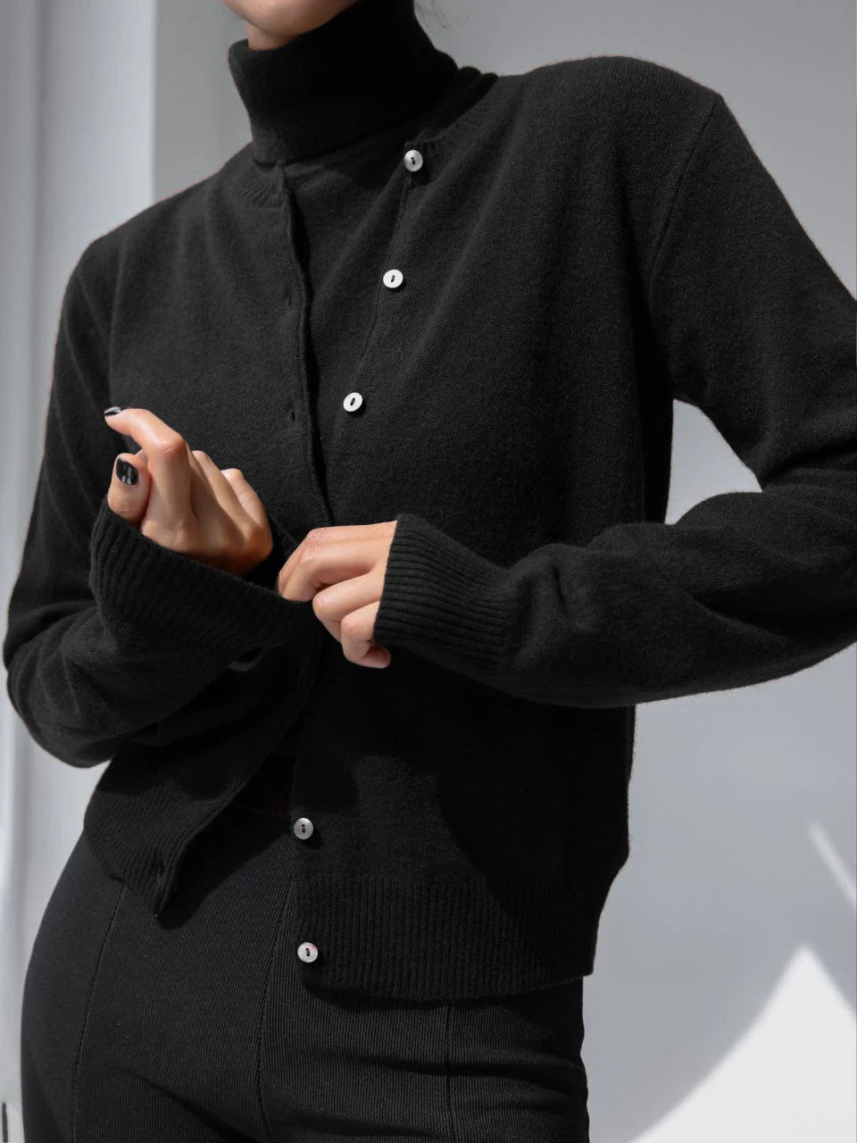 Black knit tank and button cardigan set, front view