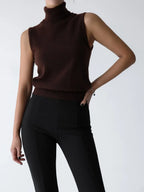 Chocolate brown roll neck sleeveless knit tank, front view