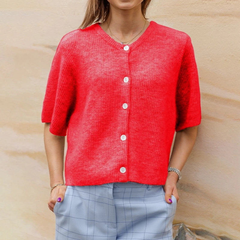 Red short sleeve button cardigan, front view