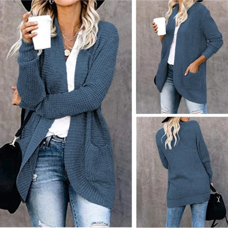 Denim blue long open front cardigan, front, side and back views