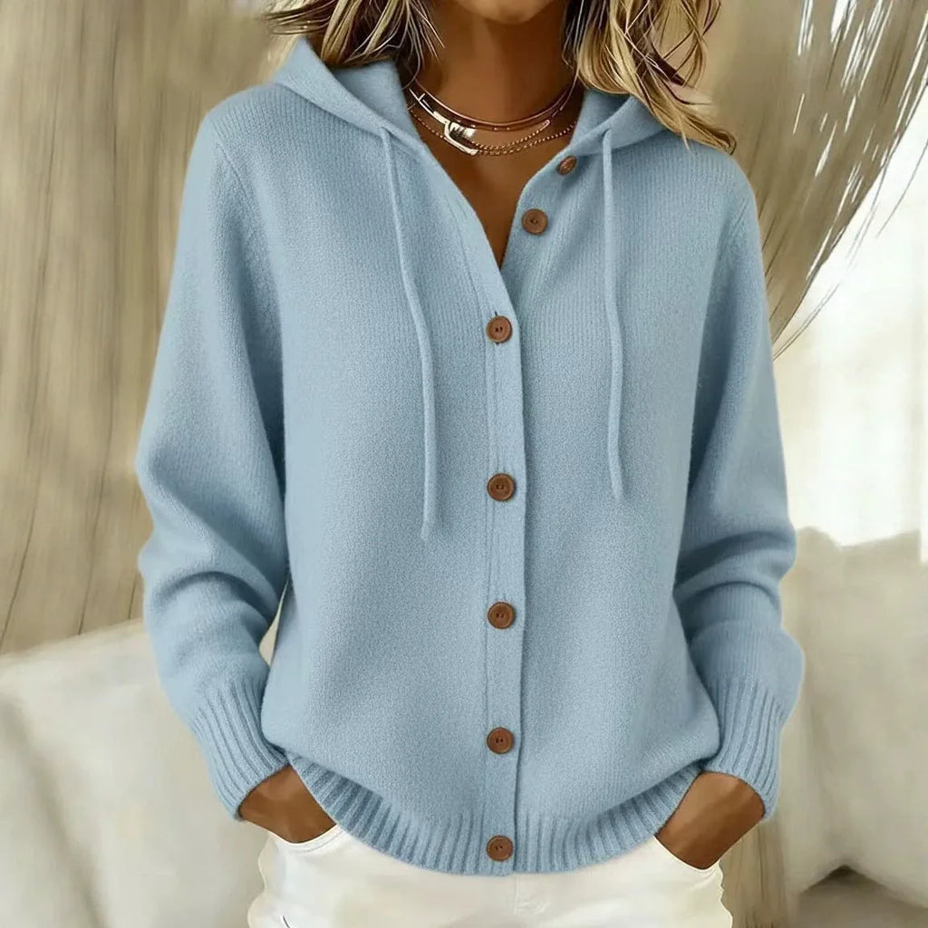 Light blue hooded button cardigan with drawstring hood