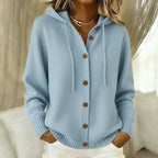 Light blue hooded button cardigan with drawstring hood