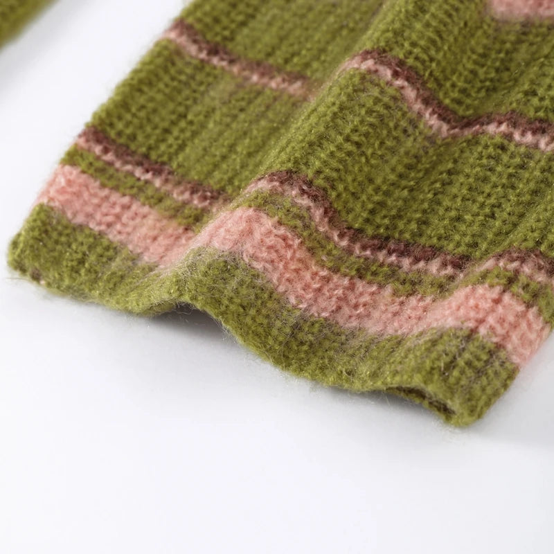 Olive green striped knit cardigan, ribbed hem detail