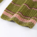 Olive green striped knit cardigan, ribbed hem detail