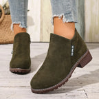 Olive green chunky platform ankle boots, front view