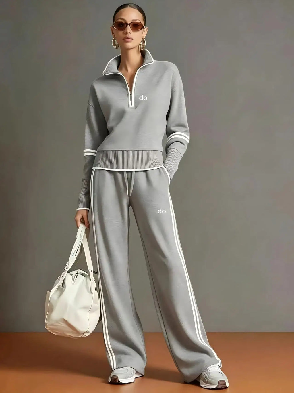 Light grey half zip contrast stripe sweatshirt and wide leg pants set