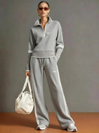 Light grey half zip contrast stripe sweatshirt and wide leg pants set