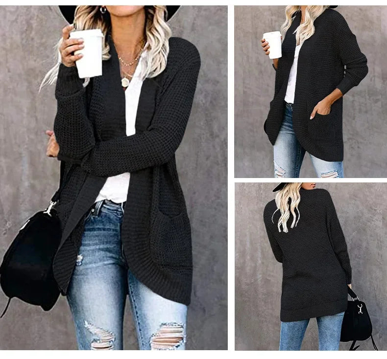 Black long open front cardigan, front, side and back views
