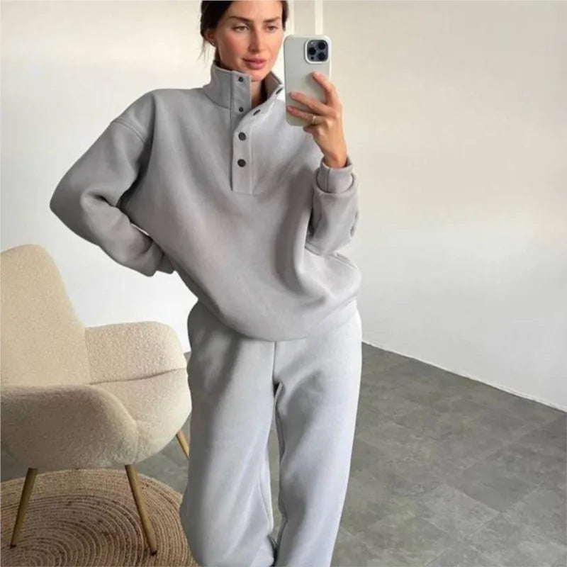 Grey half button stand collar sweatshirt and jogger pants set