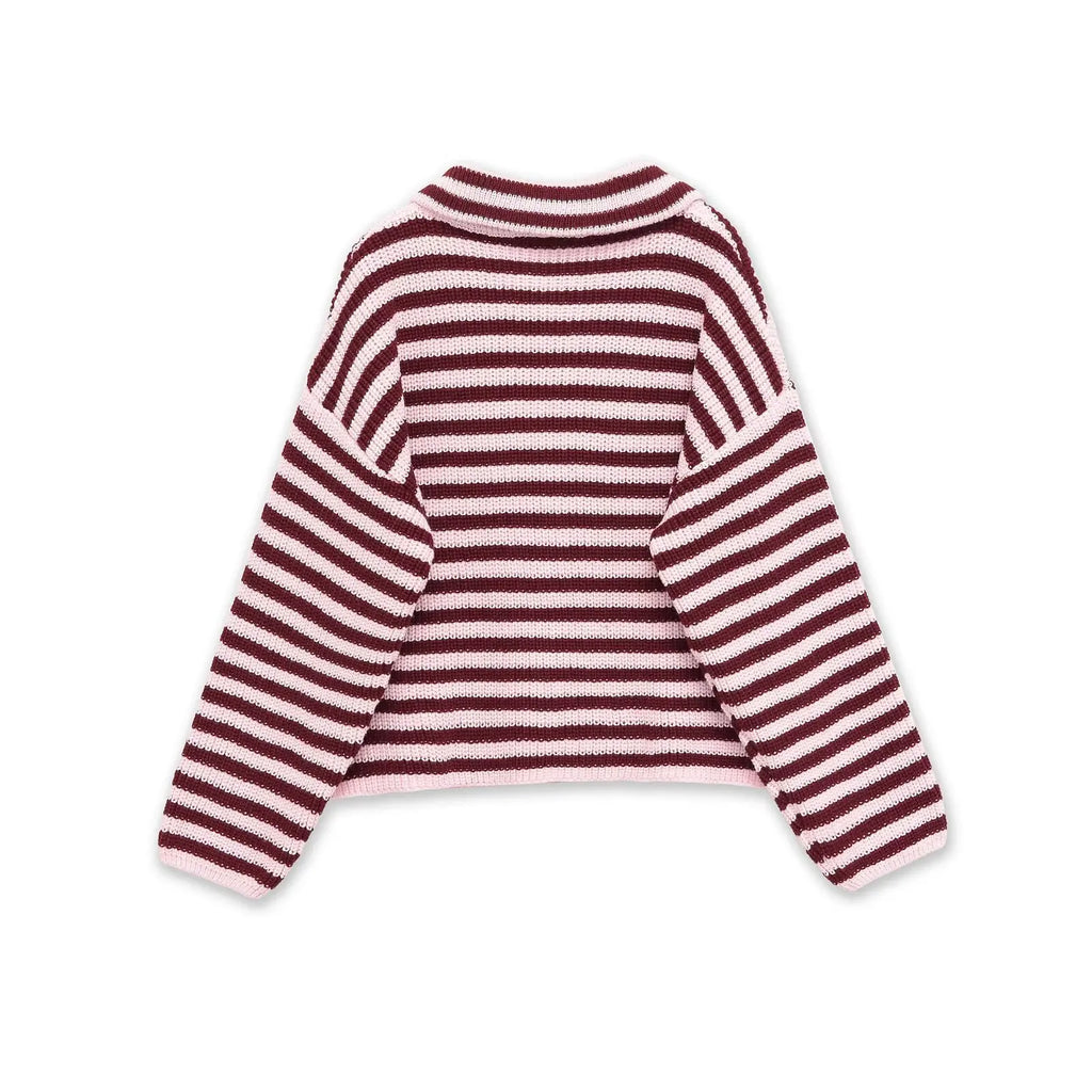 Burgundy and pink striped zip up cardigan laid flat