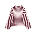 Burgundy and pink striped zip up cardigan laid flat