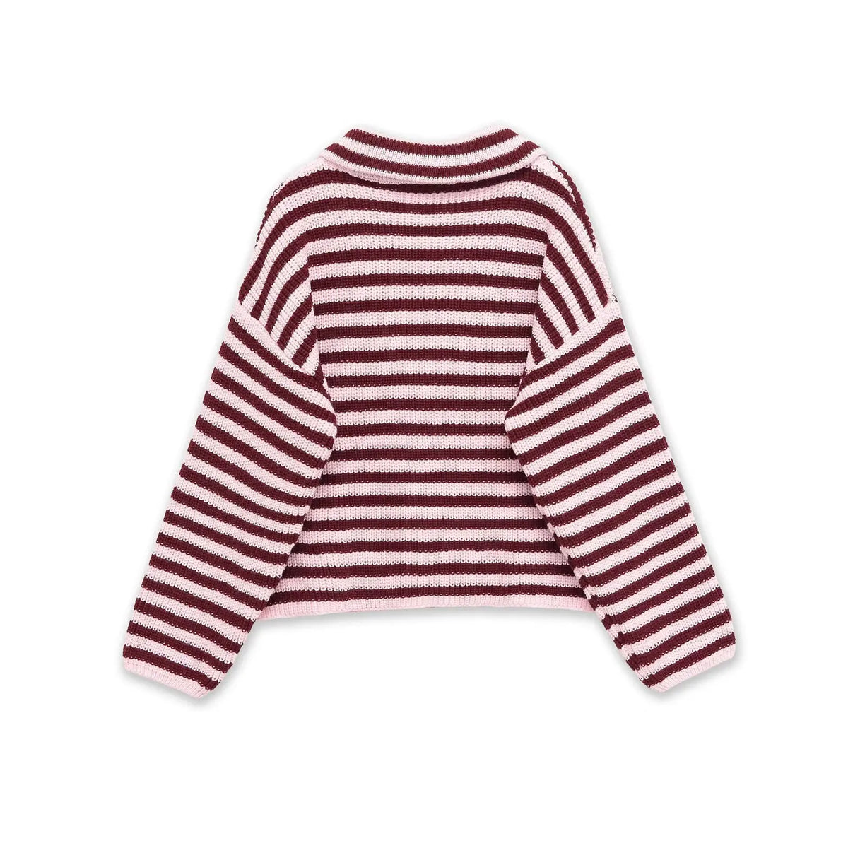 Burgundy and pink striped zip up cardigan laid flat