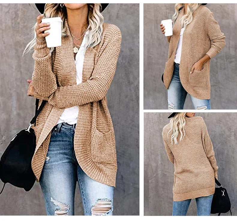 Camel long open front cardigan with pockets, front, side and back views