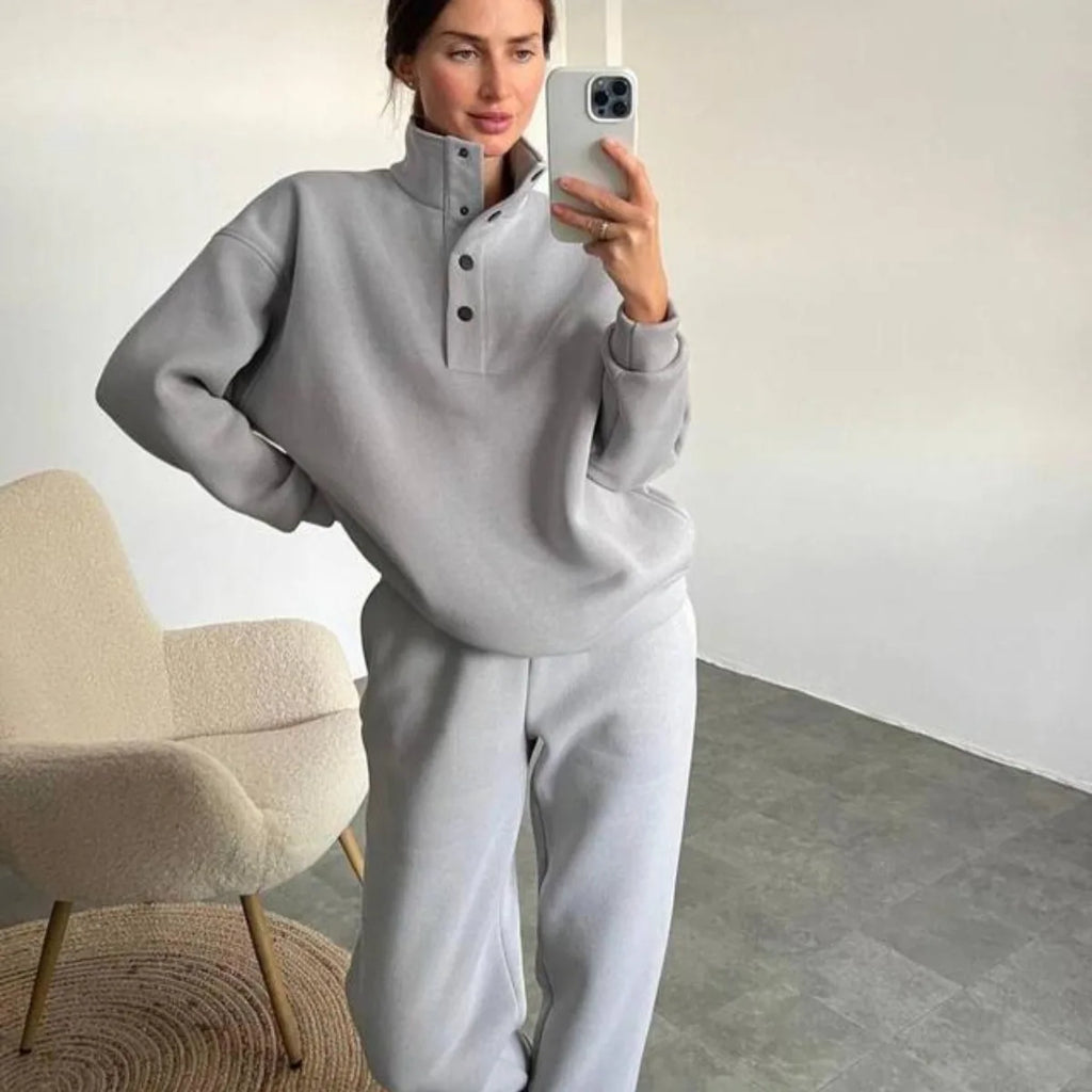 Grey half button stand collar sweatshirt and jogger pants set