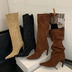 Sand, black and chestnut flock stiletto knee high boots side by side