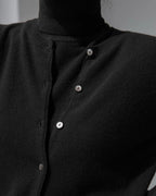 Close-up of the buttons on a black knit cardigan