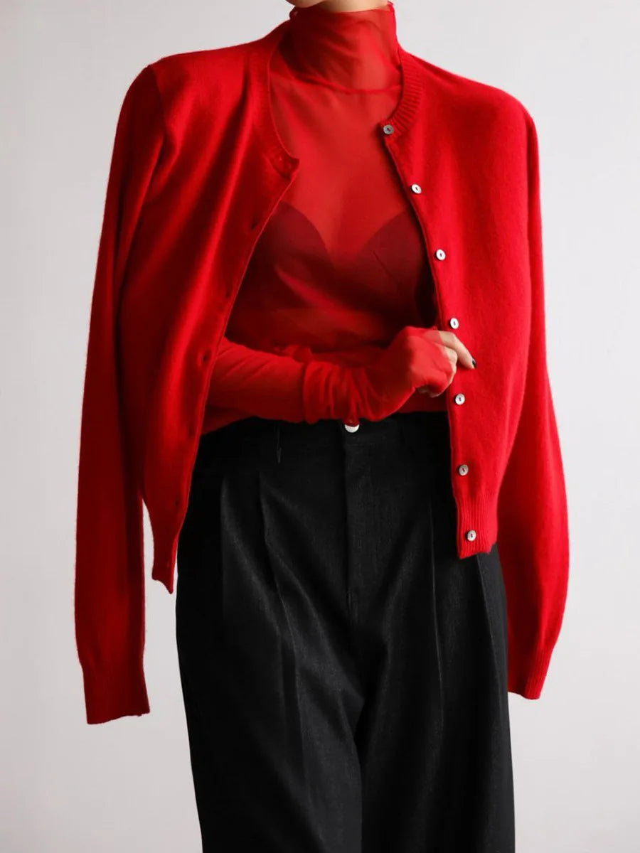 Red knit tank and button cardigan set, front view