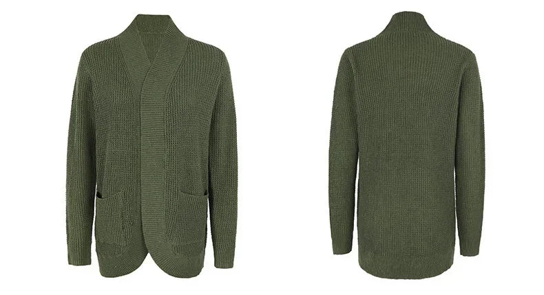 Olive green long open front cardigan, front and back view