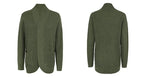 Olive green long open front cardigan, front and back view