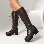 Dark brown lace-up knee high boots with chunky block heel, side view