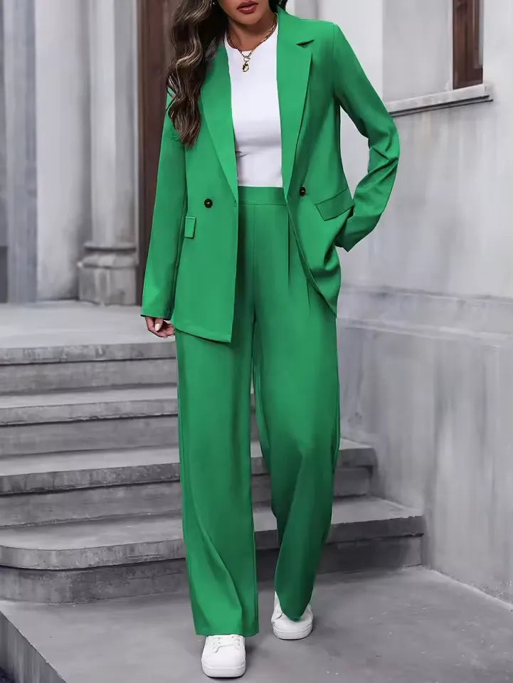 Light green longline blazer and wide leg trousers suit set, front view