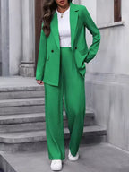 Light green longline blazer and wide leg trousers suit set, front view