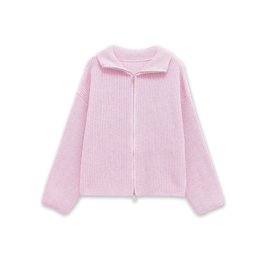 Pale pink zip up knit cardigan, flat lay
