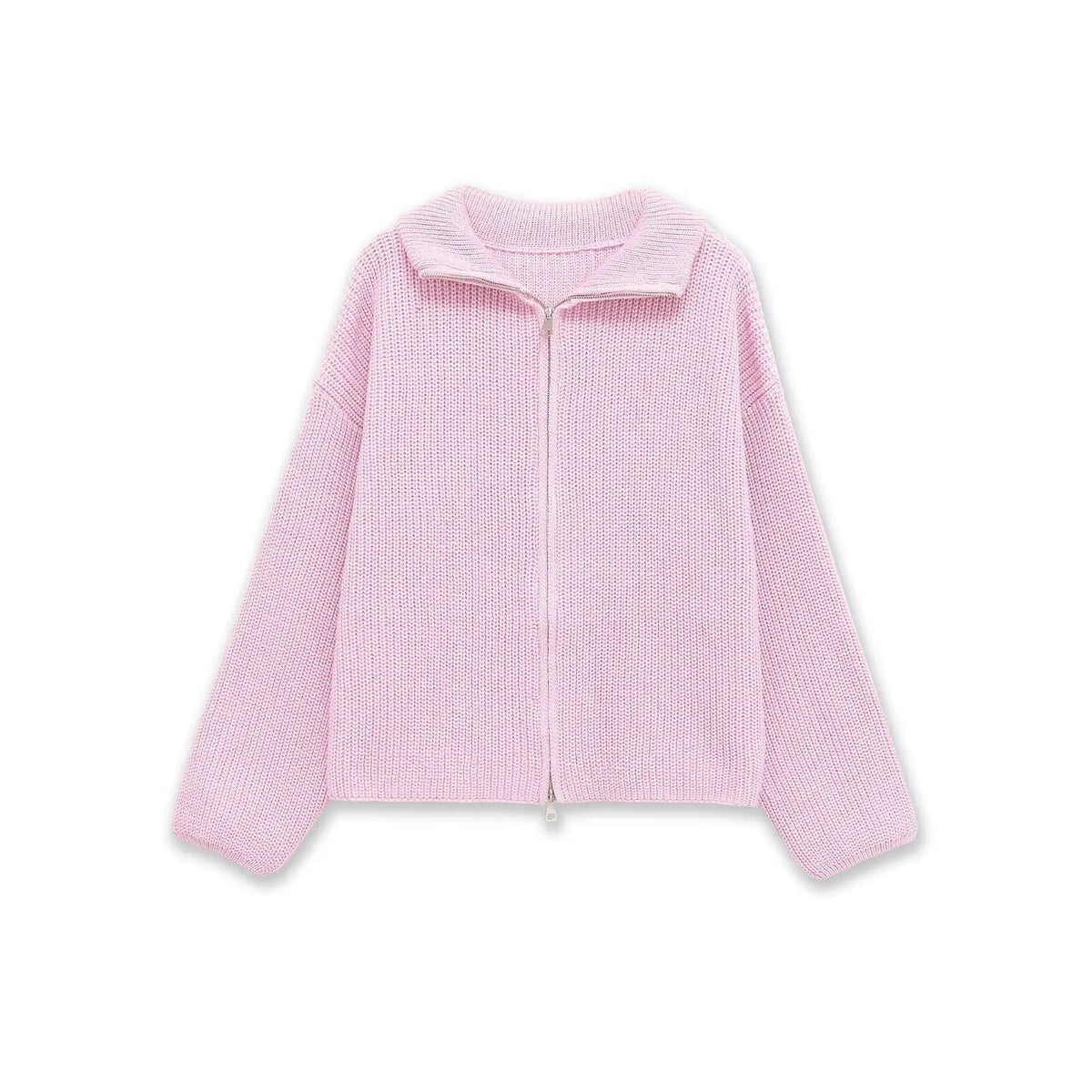 Pale pink zip up knit cardigan, flat lay