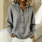 Grey hooded button cardigan with drawstring hood
