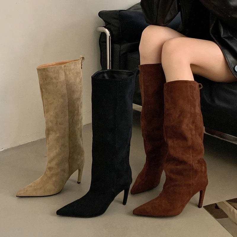 Sand, black and chestnut flock stiletto knee high boots side by side