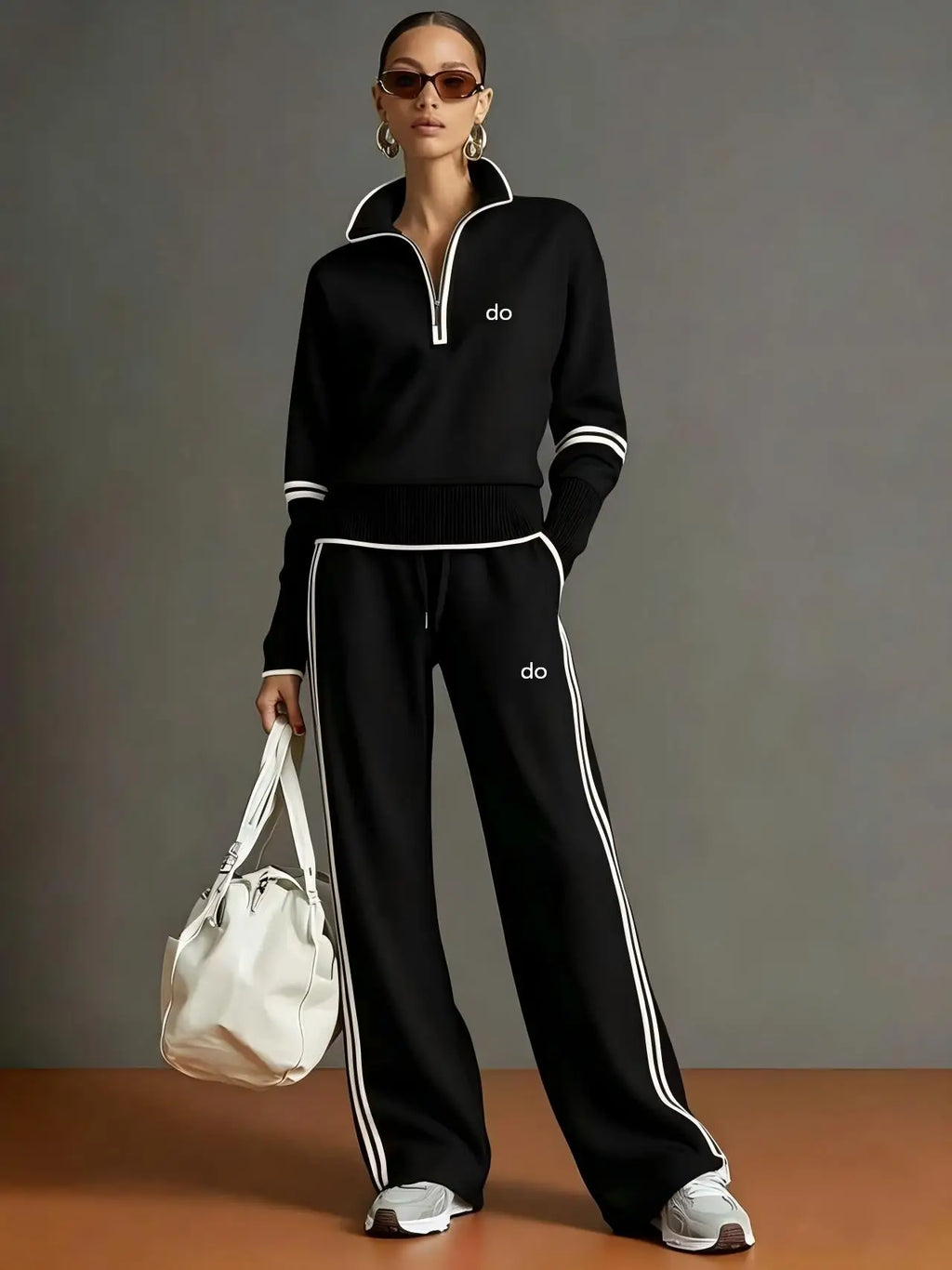 Black half zip contrast stripe sweatshirt and wide leg pants set