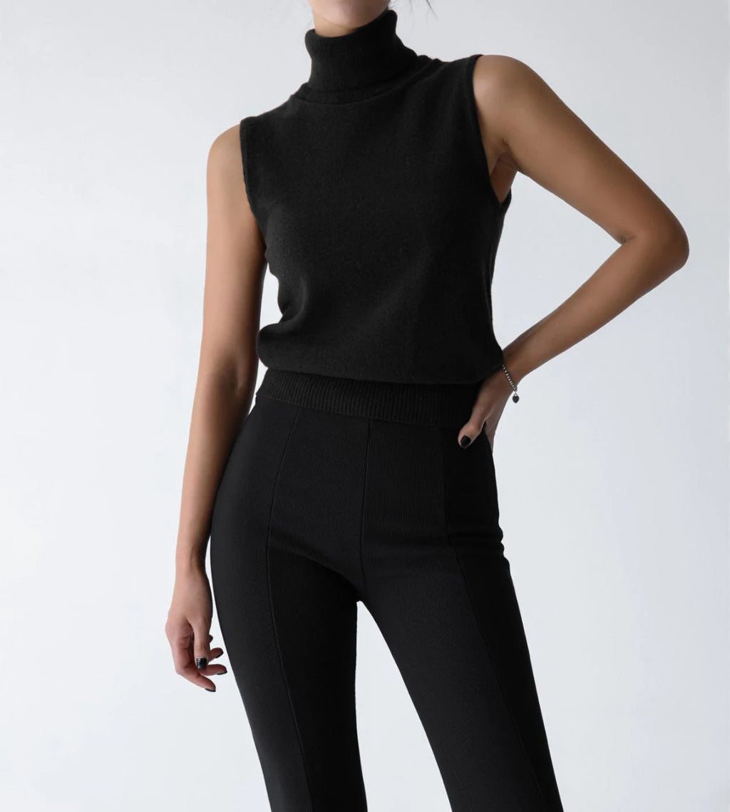 Black roll neck sleeveless knit tank, front view