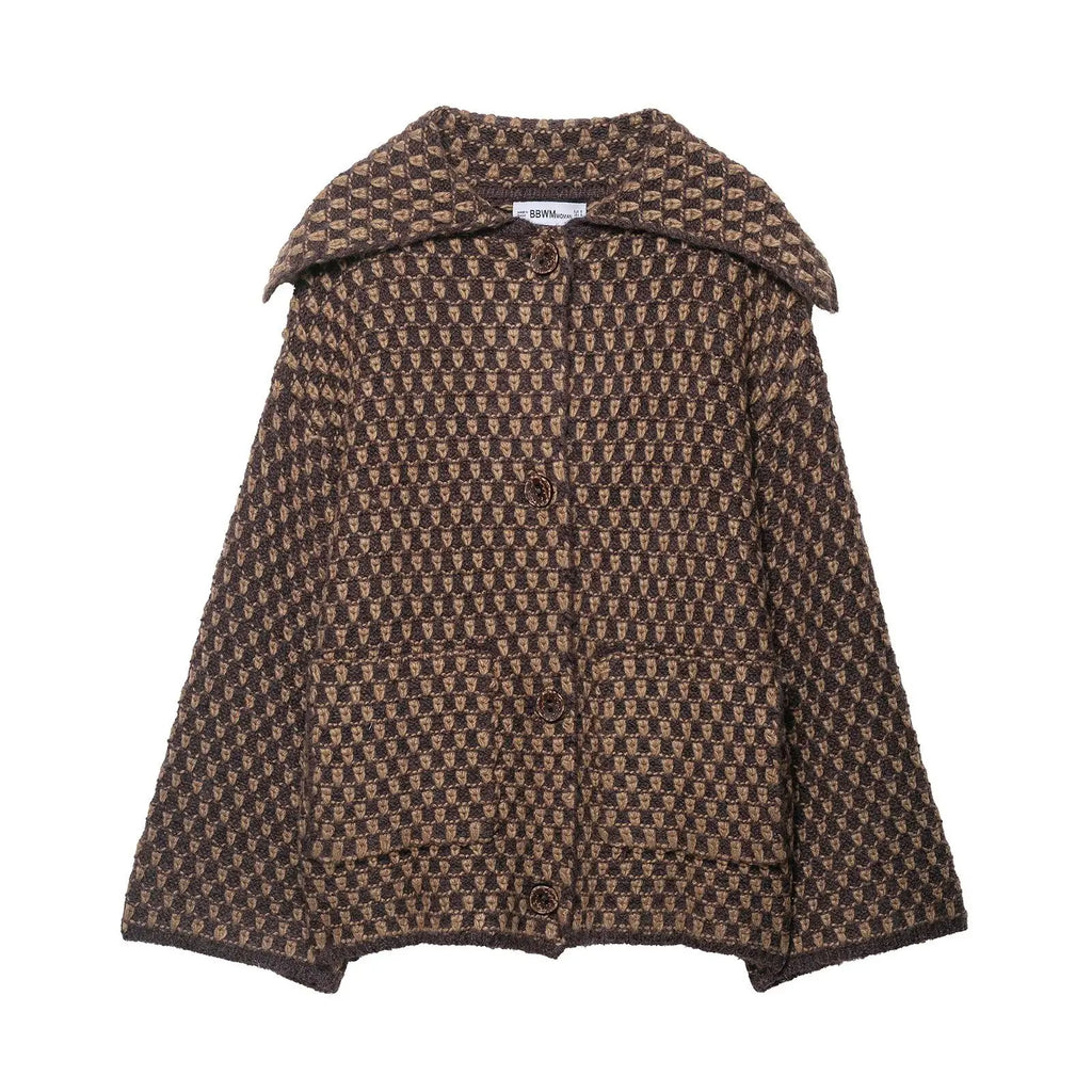 Brown and tan check knit collared cardigan with patch pockets