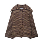 Brown and tan check knit collared cardigan with patch pockets