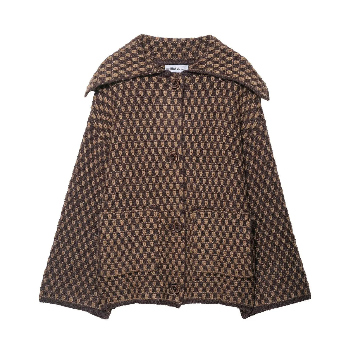 Brown and tan check knit collared cardigan with patch pockets