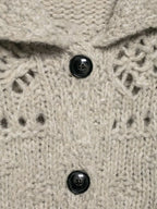 Close-up of the open knit stitch and black buttons