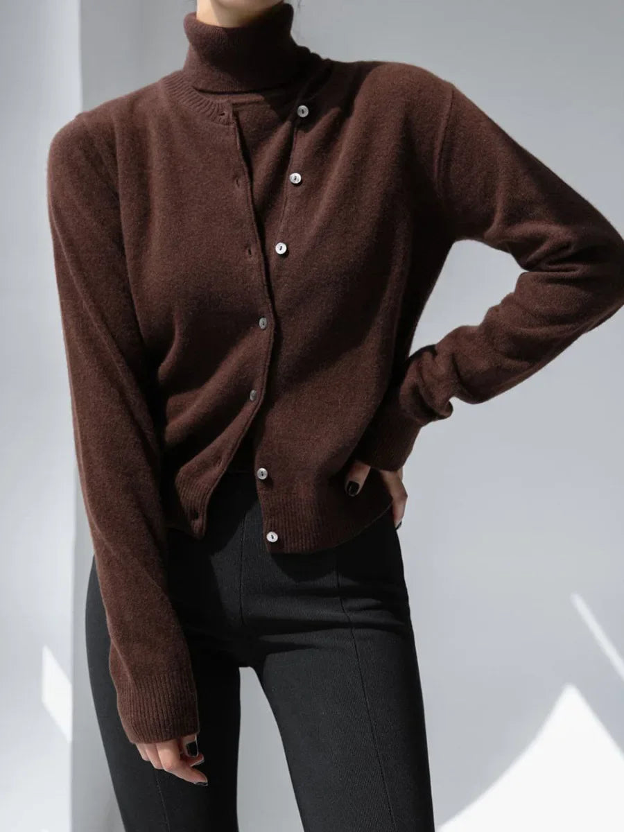 Chocolate brown button knit cardigan worn with trousers