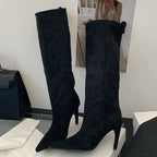 Black flock slouch knee high boots with pointed toe and thin heel