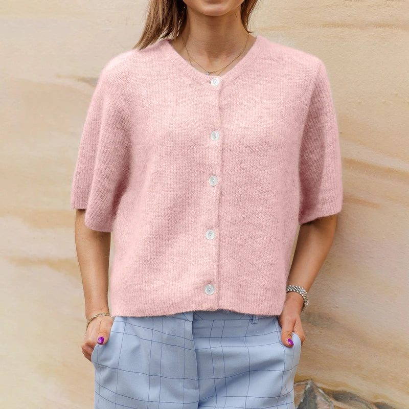 Pink short sleeve button cardigan, front view