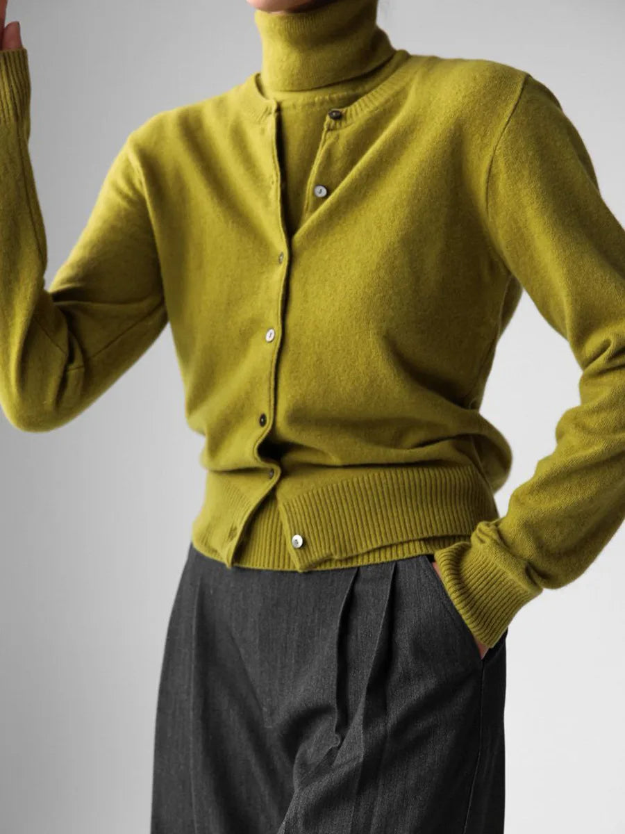 Lime green knit button cardigan, front view