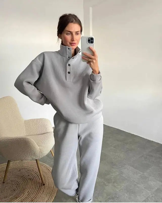 Grey half button stand collar sweatshirt and jogger pants set