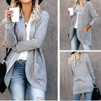 Light grey long open front cardigan, front, side and back views