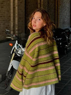 Olive green striped fuzzy knit cardigan, back view